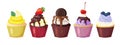 Set of different realistic cupcakes with cream and icing. Cupcake with chocolate, lemon cream, cherry, strawberry