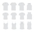 Set of different realistic white t-shirt for man and woman. Front and back view. Shirt sleeveless, short-sleeve, singlet Royalty Free Stock Photo