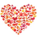 Set of different red and orange fruits and vegetables in the shape of the heart Royalty Free Stock Photo