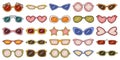 Set of different retro style, hippie sunglasses. Different shapes such a circle, heartshape, with flowers, star shape.