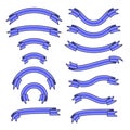 Set of different ribbons with strips, blue tape banner collection, vector illustration