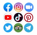 Set of different round popular social media and other icons: Facebook, Instagram, Zoom, Youtube and others, vector illustration