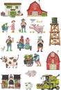 Set of different rural buildings, machines and animals.