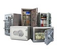 Set of different safe boxes with variable functionality for keeping, from money to weapons and accounting, front view, on a white