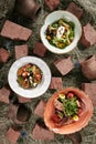 Set of Different Salads with Herb Cheese Vegetable Salad, Baked Pumpkin Salad and Salad with Raw Smoked Salmon