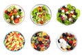 Set with different salads on white background