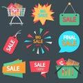 Set of different sale banners, icons, tags. Color flat design for web and mobile