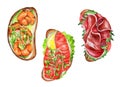 Set of different sandwiches. Watercolor illustration Royalty Free Stock Photo