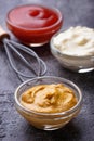Set of different sauces: mustard, ketchup, mayonnaise. Royalty Free Stock Photo