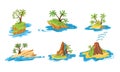 Set of different scenes of islands with huts, tropical trees, mountains, volcano, and waterfall vector illustration.