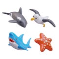 Set with different sea animals. Black killer whale, blue shark, realistic bird