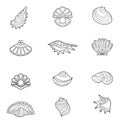 Set with different sea shells. Contour linear illustration for coloring book. Anti stress picture. Line art design for adult or Royalty Free Stock Photo