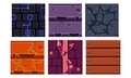 Flat vector set of 6 seamless textures and materials for mobile games. Brick, gem, solid stone and wood Royalty Free Stock Photo