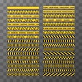 Set of different seamless yellow and black caution tapes on transparent background