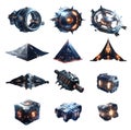 set of different shaped futuristic alien spaceship shuttle. Transparent PNG file.