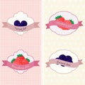 Set of different shapes with strawberry and currant on two patterns backgrounds with polka dots and hearts.