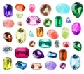 Set of different shiny gemstones for jeweler isolated on white