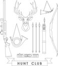 Set of different silhouettes hunting design elements flat linear vector icons on white background. Vector