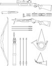 Set of different silhouettes hunting weapons and objects flat linear vector icons on white background. Vector Royalty Free Stock Photo