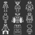 Set of different silhouettes robots flat linear vector icons on black background. Vector illustration. Royalty Free Stock Photo