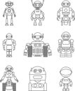 Set of different silhouettes robots flat linear vector icons on white background. Vector illustration. Royalty Free Stock Photo