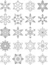 Set of different silhouettes snowflakes flat linear icons isolated on white background. Vector illustration.