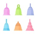 Set of different silicone menstrual cups. Illustration for feminine hygiene, medicine, menstruation. Menstruation theme. Colored Royalty Free Stock Photo