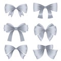 Set of different silver bows for decoration. Vector for decorating gifts, banners, flyers, postcards.