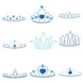 Set of different silver crowns with large and small jewel of sapphires. Vector illustration.