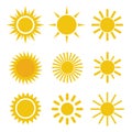 Set of Different Simple Yellow Orange Sun Icons on White Background - Spiky and Wavy Rays Royalty Free Stock Photo