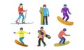 Set of different skiers and snowboarders characters. Vector illustration in flat cartoon style. Royalty Free Stock Photo