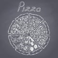 Set of different slices of pizza in vector. Chalk style illustration on chalkboard