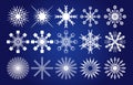 Set of different snowflakes on blue gradient background.