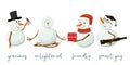 Set of different Snowmen. Precious frosty, gracious with gift, enlightened, friendly, squint, bird, yoga. .