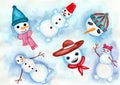 A set of different snowmen. Watercolor. Blue background