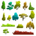 A set of different species of trees and shrubs in a flat style. Vector illustration deciduous and coniferous trees Royalty Free Stock Photo