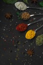 Set of various spices and herbs on black slate background