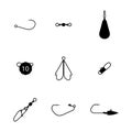 Set of different spinning fishing accessories and tackles, vector illustration