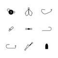 Set of different spinning fishing accessories and tackles, vector illustration