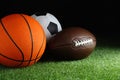 Set of different sport balls on green grass Royalty Free Stock Photo