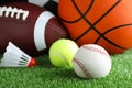 Set of different sport balls and shuttlecock on green grass, closeup Royalty Free Stock Photo