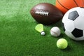 Set of different sport balls and shuttlecock on green grass. Space for text Royalty Free Stock Photo