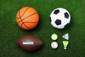 Set of different sport balls and shuttlecocks on green grass, flat lay Royalty Free Stock Photo