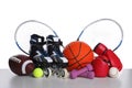 Set of different sports equipment on white background