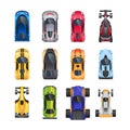 Set of different sports cars, different colors, characteristics, brands, types.