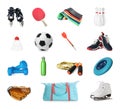 Set with different sports tools on white background