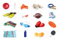 Set with different sports tools on white background