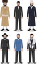 Set of different standing jewish men in the traditional clothing on white background in flat style. Differences