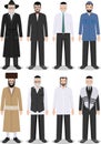 Set of different standing jewish old and young men in the traditional clothing