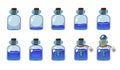 Set of different states of bottle with blue elixir. Illustration for mobile game interface Royalty Free Stock Photo